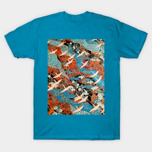 FLYING WHITE CRANES ON BLUE WATERS AND SPRING FLOWERS Red Teal Japanese Floral T-Shirt